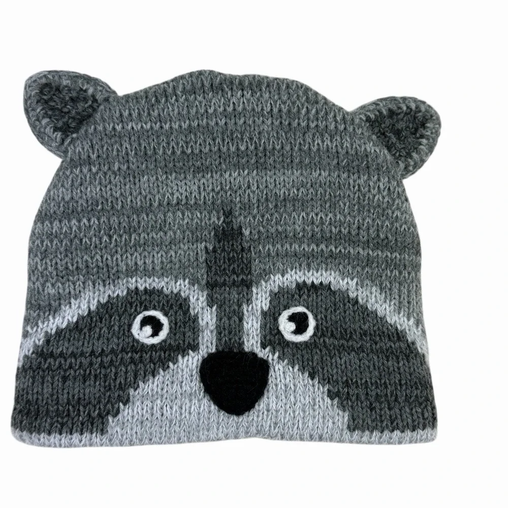 REI Raccoon Beanie Toboggan‎ Skull Cap Toddler Grey Fleece Lined Knit Boys Kids